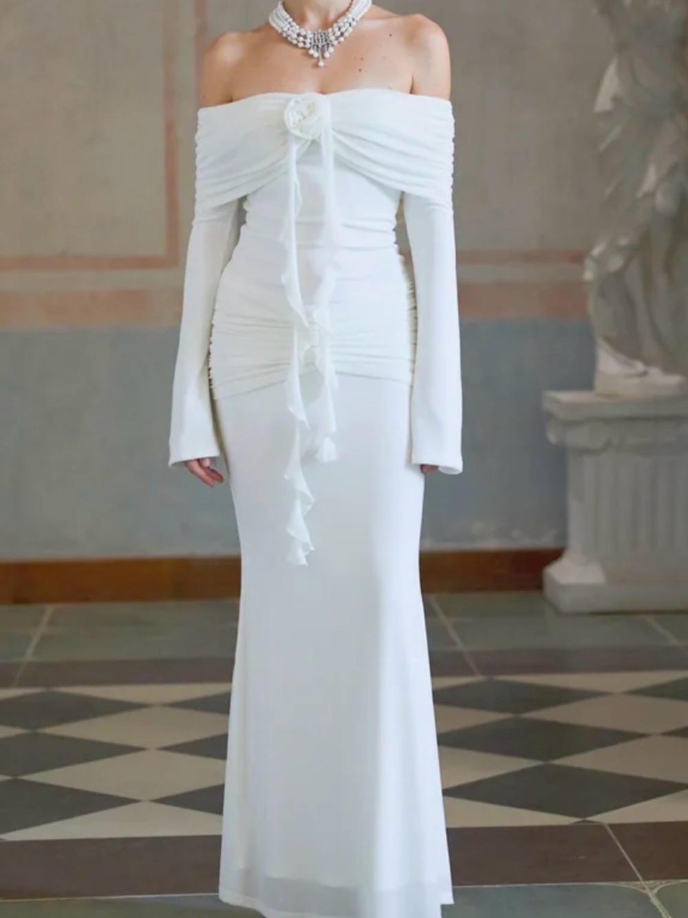 Off-Shoulder White Maxi Dress with Rosette Detail